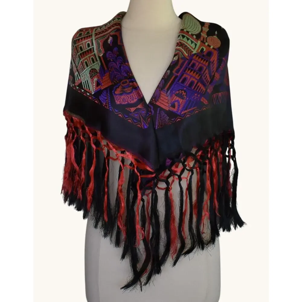 Vintage 40s Black and Purple Silk Taj Mahal Piano Shawl, WW2 Scarf, Fringed